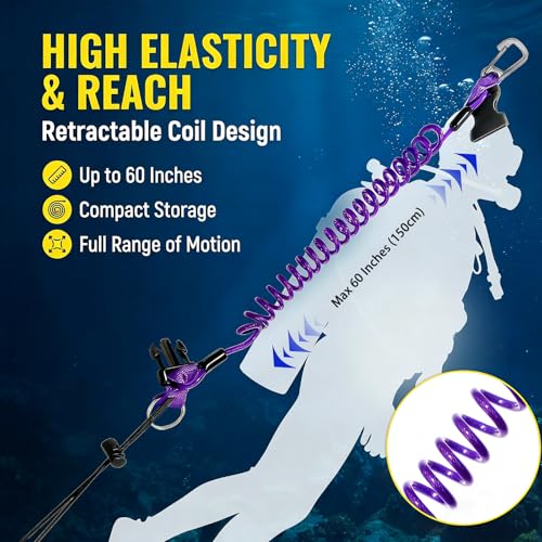 Scuba Diving Lanyard - Underwater Camera Lanyard, Anti-Loss Retractable Gear Tether with Quick-Release Buckle Clip - color: Purple