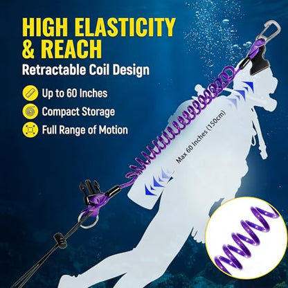 Scuba Diving Lanyard - Underwater Camera Lanyard, Anti-Loss Retractable Gear Tether with Quick-Release Buckle Clip - color: Purple