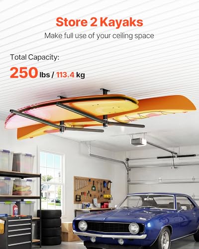 VEVOR Kayak Storage Rack, Heavy Duty Adjustable Freestanding Stand with Lockable Wheels for Indoor Outdoor Garage Shed Dock, Holder for Canoe, SUP, Surfboard & Paddleboard - style: Ceiling Rack - Black