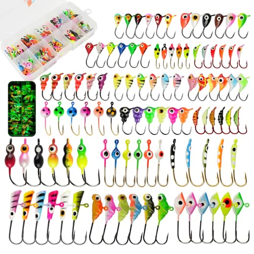 Ice Fishing Jigs Kit, 36/60/100pcs Micro Jig Heads Lures Hook Set for Winter Ice Jigging, Panfish, Perch, Trout, Bluegill, Walleye, Crappie Ice Fishing Lures Hooks Set with Storage Box - color: C -100pcs Ice fishing jigs (17 Style)