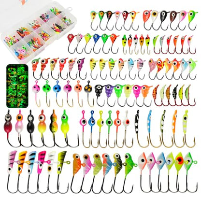 Ice Fishing Jigs Kit, 36/60/100pcs Micro Jig Heads Lures Hook Set for Winter Ice Jigging, Panfish, Perch, Trout, Bluegill, Walleye, Crappie Ice Fishing Lures Hooks Set with Storage Box - color: C -100pcs Ice fishing jigs (17 Style)