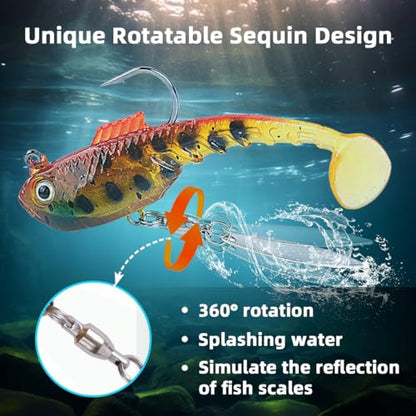 RYACO Soft Fishing Lures, Pre-Rigged Jig Soft Plastic Fishing Lures with Reflective Spinner, Paddle Tail Swimbaits for Bass Trout Walleye Crappie Fishing Jigs, 5PCS