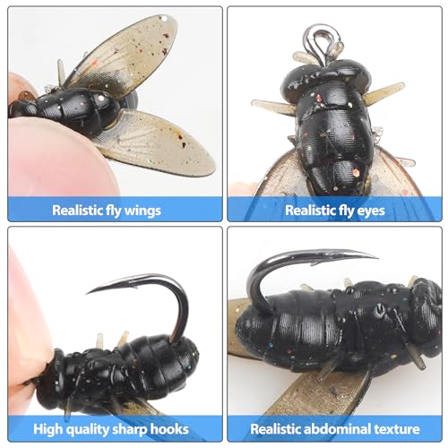 Bionic Fly Fishing Bait, Flies Fishing Lures Kit Trout Jigs Swimbaits Dry Flies Fly Fishing Lures Fish Attractant Fly Fishing Hook for Saltwater Freshwater Bass Panfish 15mm - color: Black-36pcs