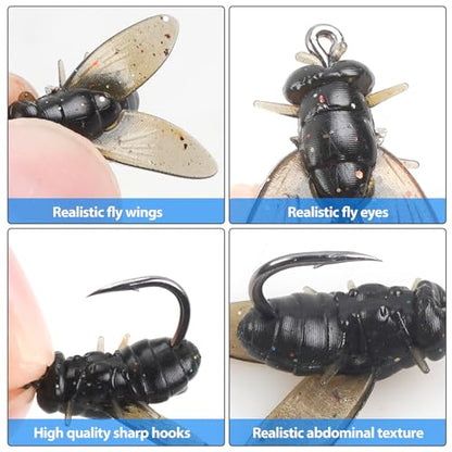 Bionic Fly Fishing Bait, Flies Fishing Lures Kit Trout Jigs Swimbaits Dry Flies Fly Fishing Lures Fish Attractant Fly Fishing Hook for Saltwater Freshwater Bass Panfish 15mm - color: Black-36pcs