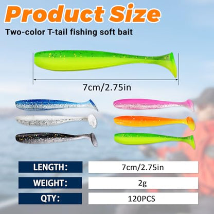 120 Pcs Soft Plastic Baits, 7 CM Paddle Tail Swim Baits, Fishing Soft Plastic Lures, Paddle Tail Swimbaits for Freshwater and Saltwater Bass Trout Walleye Crappie