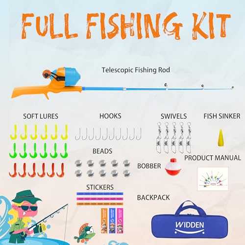 Kids Fishing Pole, Telescopic Fishing Rod, Toddler Collapsible Fishing Rod and Reel Combo with Tackle Box, Fishing Line, Bobber, and Soft Lures for Boy, Girl, Youth, Beginner, Over 4 Years Old - color: Sunny Orange & Sky Blue