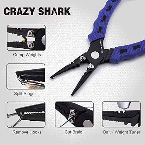 Fishing Pliers, Stainless Steel Fishing Tools, Saltwater Resistant Fishing Gear, Tungsten Carbide Cutters, Split Ring Pliers, Hook Remover with Coiled Lanyard and Sheath - color: Blue B - 6" Split Ring Nose