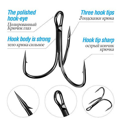 DONQL Fishing Hooks Treble Hook High Carbon Steel Treble Hooks Super Sharp Solid Triple Barbed Fish Hook - size: Size 3/0, Pack of 10