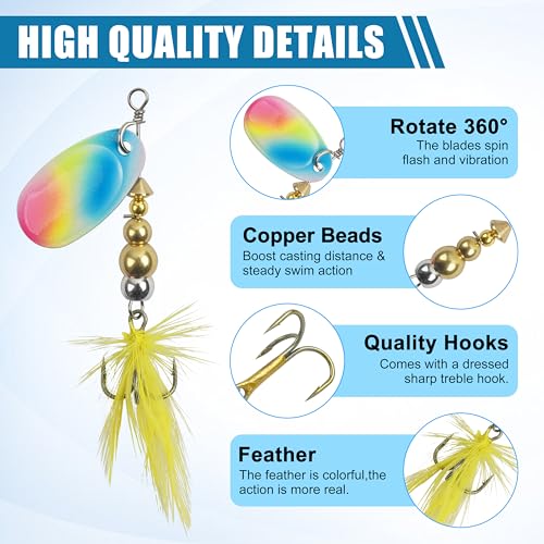 Spinner Baits Bass Lures Rooster Feather Tail Fishing Lures Trout Lures Hard Metal Inline Spinnerbaits for Bass Trout Pike Walleye Salmon with Tackle Box - style: D-5pcs-2.5"-0.24oz