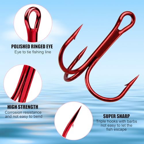 Fishing Treble Hooks - Sharp Strong Red Treble Fishing Hooks High Carbon Steel Triple Hooks Round Bend Barbed Fish Hook for Saltwater Freshwater Size #14-1/0 - size: 100pcs-12#