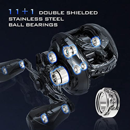 KastKing MegaJaws Elite Baitcasting Fishing Reel, New AutoMag Dual Braking System, Only 6.7oz, 17.64 LBs Carbon Fiber Drag, 11+1 Shielded BB, High Speed 5.4:1 to 9.1:1 Gear Ratios - size: Left - 7.2:1, style: Megajaws Elite