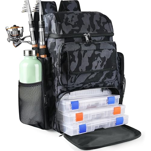 Fishing Tackle Backpack With Rod Holders, 45L Large Tackle Bag & Fishing Tackle Backpack for Fishing, Camping, Hiking,Camouflage - color: Camouflage Black