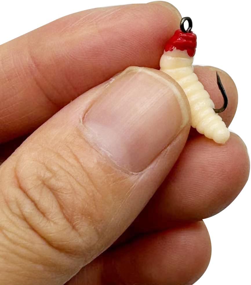 30pcs/Box 5 Colors PVC Maggots Fishing Baits Worms with 8# Hooks Glow Fishing Maggots/Grubs/Crappie Jigs Hooks for Trout, Crappie, Pan Fish, Bluegill