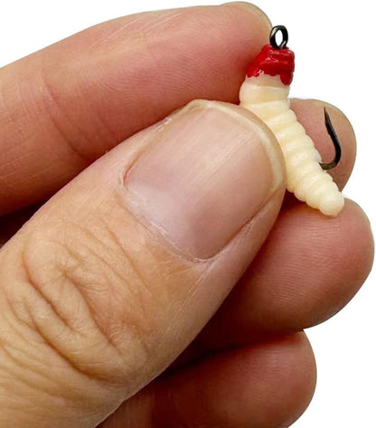 30pcs/Box 5 Colors PVC Maggots Fishing Baits Worms with 8# Hooks Glow Fishing Maggots/Grubs/Crappie Jigs Hooks for Trout, Crappie, Pan Fish, Bluegill