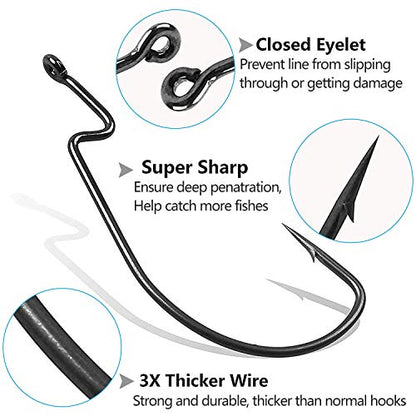 Bass Fishing Hooks 3X Strong Offset EWG Worm Hooks Jigs for Soft Plastic Bait Bass Trout Texas Rig 1-5/0 - size: 150PCS-5/0