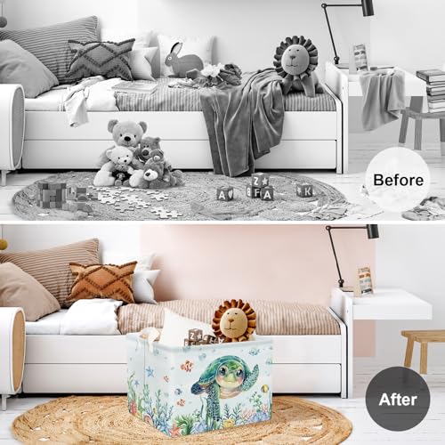 Clastyle Large Fish Sea Turtle Baby Basket Ocean Coral Seaweed Starfish Toy Book Shelf Basket Waterproof Pool Toy Beach Towel Storage Bin Collapsible Dirty Clothes Hamper, Blue, 40 * 30 * 30 cm - size: 40*30*30 cm
