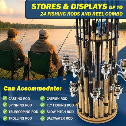 Rush Creek Creations 24-Rod Fishing Rod Holder 360° Rotating Built-in Spooler 14.75"x37.75" Light Wood