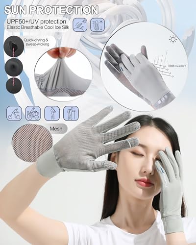 Women Sun Gloves UPF 50+ UV-Protection, Summer 2-Fingers-Flip Thin Ice-Silk Breathable Mesh Cooling Running Gloves - color: Grey