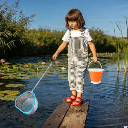 Kids Fishing Net, 2 Pack Telescopic Fishing Landing Net with Aluminum Pole Handle for Kids, Collapsible Bucket Kids Sand Pail, Fishing Net Butterfly Nets for Kids, Outdoor Playing - color: Red Blue