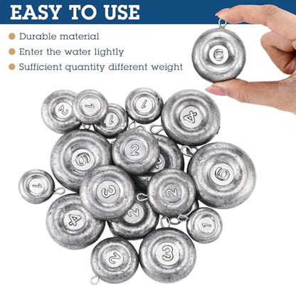 Shimeyao 18 Pieces Disc Sinkers Fishing Weights No Roll Disc Fishing Sinkers Weights for Saltwater Trolling Surf Tackle - size: 1 2 3 4 6oz