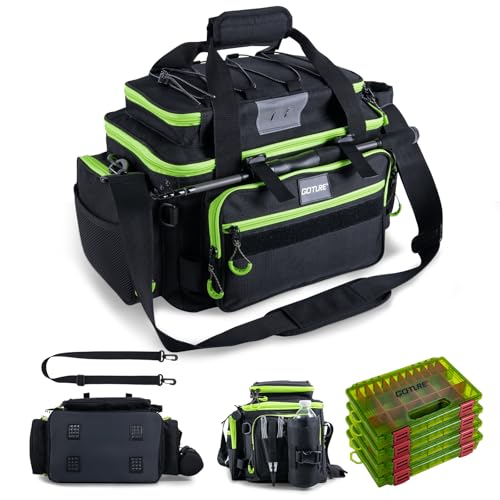 Goture Fishing Tackle Bag with 4pcs 3600 Tackle Boxes, 600D Water-Resistant Soft Side Saltwater Gear Storage Fishing Bag with Rod Straps, Detachable Water Bottle Pouch, Waterproof Bottom, SBS Zippers - color: C2:Black Green with 4 3600 Tackle Boxes, size:
