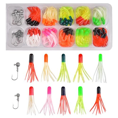 Soft Plastic Fishing Lure Jig Head Hook Kit,Grub Worm Lures Crappie Jigs Head Grub Tail Swimbait Tube Bait Jigs for Saltwater Freshwater, Trout Crappie Fishing - color: 110PCS Sets