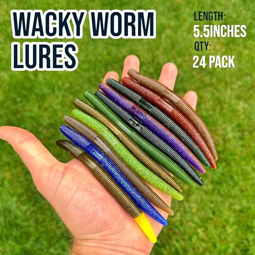 Reaction Tackle Wacky Worms, 5.5 Inch Salt Impregnated Soft Plastic Stick Bait Bass Fishing Lures for Finesse, Wacky, Neko, Texas and Carolina Rigs, 24 Pack - color: Green Pumpkin Red Flake