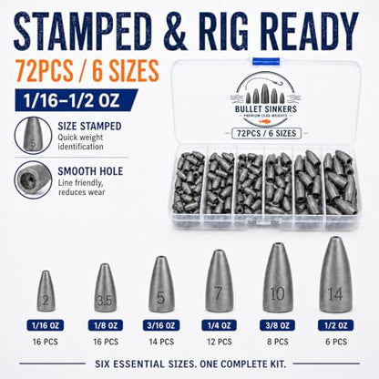 Bullet Fishing Weights Kit, 50/72pcs Size Stamped Lead Worm Weights, 5/6 Sizes Bullet Sinkers for Bass Fishing, Texas Rig, Carolina Rig & Soft Plastic Baits