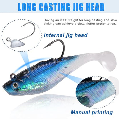 Pre-Rigged Swimbaits, 6/12pcs Paddle Tail Swim Baits Swim Shad Jig Head Fishing Lures Soft Plastic Swimbaits for Bass Trout Walleye Crappie - size: 3.15inch/0.47oz, style: 12pcs