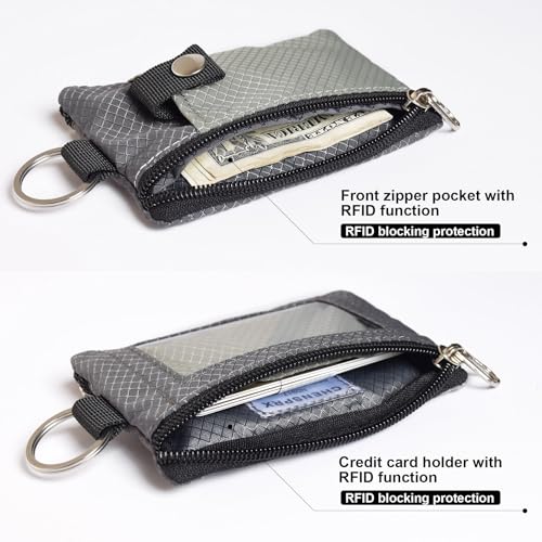 CHENSPRX Minimalist RFID Blocking Small Wallet with ID Window,WaterResistant Zip Id Case Wallet with Lanyard Keychain for Cards,Cash,Travel,Women,Men - color: Gray+DardGray