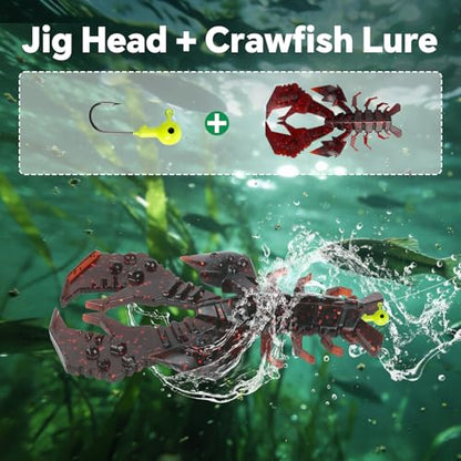 4.1" Crawfish Lure for Bass Fishing, Soft Plastic Craw Bait Kit with Removable Rattles & Jig Head, Reusable Bait Box for Freshwater Bass - color: blue+red+green