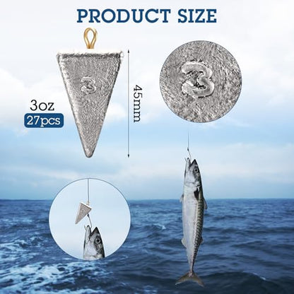 Zhanmai 27 Pieces Pyramid Fishing Weights Sinkers Triangle Rig Pyramid Sinkers for Ocean Saltwater Surf Bass Catfish Fishing Weights Casting Gear Tackle Essential - size: 3oz