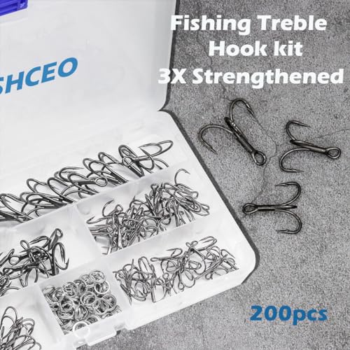 Fishing Treble Hooks Kit, Large Size High Carbon Steel Hooks 3X Strong Sharp Round Bend Hooks with Split Rings for Saltwater Freshwater Fishing 200pcs/Box Mixed 5 Size 2 4 6 8 10 - color: Black