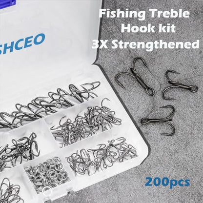 Fishing Treble Hooks Kit, Large Size High Carbon Steel Hooks 3X Strong Sharp Round Bend Hooks with Split Rings for Saltwater Freshwater Fishing 200pcs/Box Mixed 5 Size 2 4 6 8 10 - color: Black