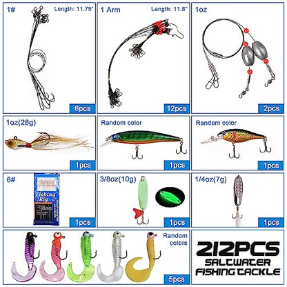 Saltwater Fishing Tackle Box, 212pcs Surf Fishing Gear Kit Saltwater Lures Bait Rigs Bucktail Jigs Spoon Crankbait Pyramid Sinkers Hooks Swivels, Perfect Fishermen Gifts