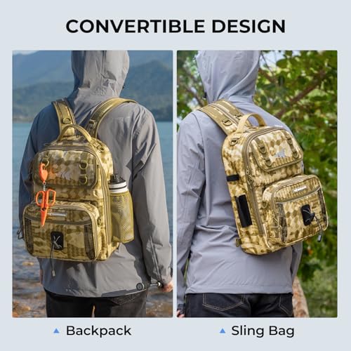 KastKing BaitSpace Fishing Sling Bag, Fishing Backpack with Rod & Beverage Holder, Tackle Bag for Fishing Gear - color: G: Khaki Camo - with (2) 3600 tackle boxes, size: Large