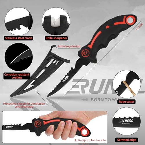 RUNCL 4pc Fishing Tool Kit- Fishing Pliers, Fish Fillet Knife with Sharpener, Fish Lip Gripper, Fishing Braid Scissors, Saltwater Fishing Gear and Equipment with Sheath/Lanyard, Fishing Gifts for Men - size: 5 inch