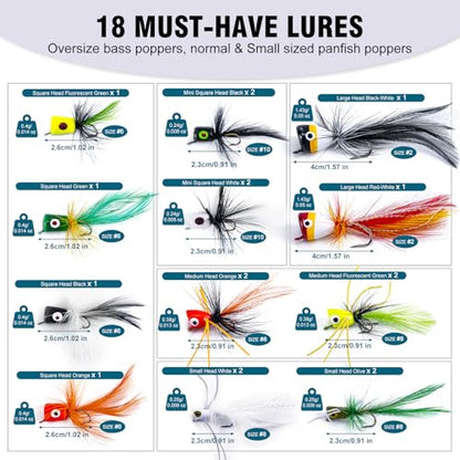 Goture Fly Fishing Poppers Lures, Topwater Popper Flies Bugs Lure, Fly Fish Poppers Fishing Lures Kit, Dry Flies for Panfish Bluegill Crappie Sunfish Bass Trout Salmon - color: A1:18pcs Popper Flies