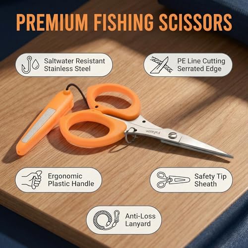 PAFASON 4.5"Fishing Scissors for Braided Line, Lanyard, Stainless Steel, Serrated Blades, Large Finger Holes, Non Slip Grip, Fishing Line Cutter, Safety Case