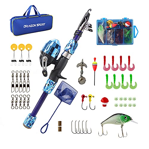 Kids Fishing Pole Spincast Youth Fishing Pole Tackle Box - with Net,Travel Bag,Rod and Reel Kit for Boys and Girls, Youth or Beginner’s - color: Blue