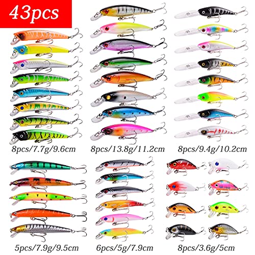 Aorace Fishing Lures Kit Mixed Including Minnow Popper Crank Baits with Hooks for Saltwater Freshwater Trout Bass Salmon Fishing - color: Item-D 43pcs