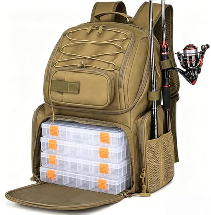 HAMBOLY Fishing Backpack with Tackle Boxes, 50L Fishing Tackle Bag with Cooler & Rod Holders, Waterproof Tackle Bag for Men - color: Brown