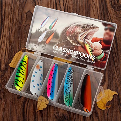 THKFISH 5pcs Saltwater Fishing Lures, Fishing Spoons with Durable Treble Hooks, Jigs Lure for Tuna Salmon Grouper, Sea Fish Jigging Lure, Trolling Spoon for Bass Fish with Tackle Box - color: A-1/8oz-5pcs