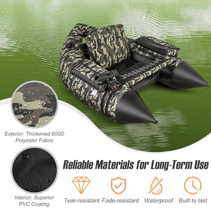 GYMAX Fishing Float Tube, 350LBS Inflatable Belly Boat with Oar, Flippers, Rod Holder, Fish Ruler, Hand Pump & Zipper Storage, Portable Backpack Float Tubes for Fishing - color: Camouflage