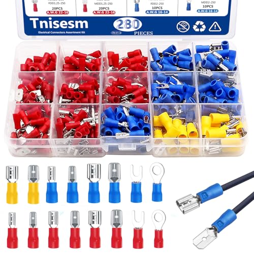 Tnisesm 280Pcs Spade Connector,Crimp Connectors 2.8mm 4.8mm 6.3mm Male and Female Spade Connector kit - color: 280Pcs Spade Connector