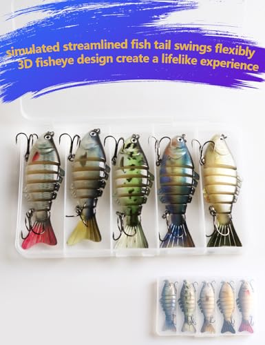 5PCS Realistic Multi Jointed Fishing Lures kit, Sharp Triple Hook Fishing Gear for Bass, Trout, Crappie, Walleye, Pike, Bluegill, Slow Sinking em Freshwater, Saltwater, THOUISLAND