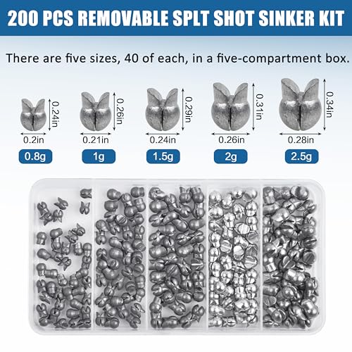 Split Shot Fishing Weights Sinkers, 200pcs Removable Fishing Line Weights and Sinkers for Freshwater Saltwater Bass Trout - size: 0.8g 1g 1.5g 2g 2.5g (Small-200pcs)