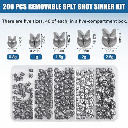 Split Shot Fishing Weights Sinkers, 200pcs Removable Fishing Line Weights and Sinkers for Freshwater Saltwater Bass Trout - size: 0.8g 1g 1.5g 2g 2.5g (Small-200pcs)