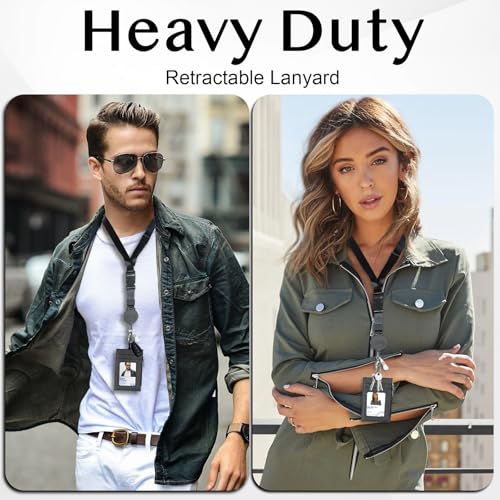 DELSWIN Badge Holder with Retractable Lanyard, PU Leather ID Badge Card Holder with 1 ID Window, 4 Card Slots, 1 Side Zipper Pocket, and Adjustable Neck Strap - color: Leather - Badge Holder With Lanyard