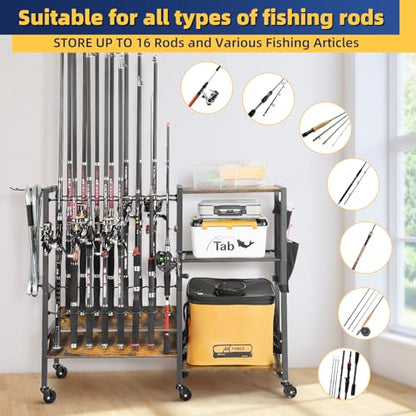 Olakee Fishing Rod Holders, Rolling Fishing Rod Rack for Garage & Boat, Tackle Box & Reel Holder Cart, Easy Assembly Fishing Gear Management System, Ideal Birthday Gift for Men Dad Anglers - color: 16 Rods,Carbonized Black